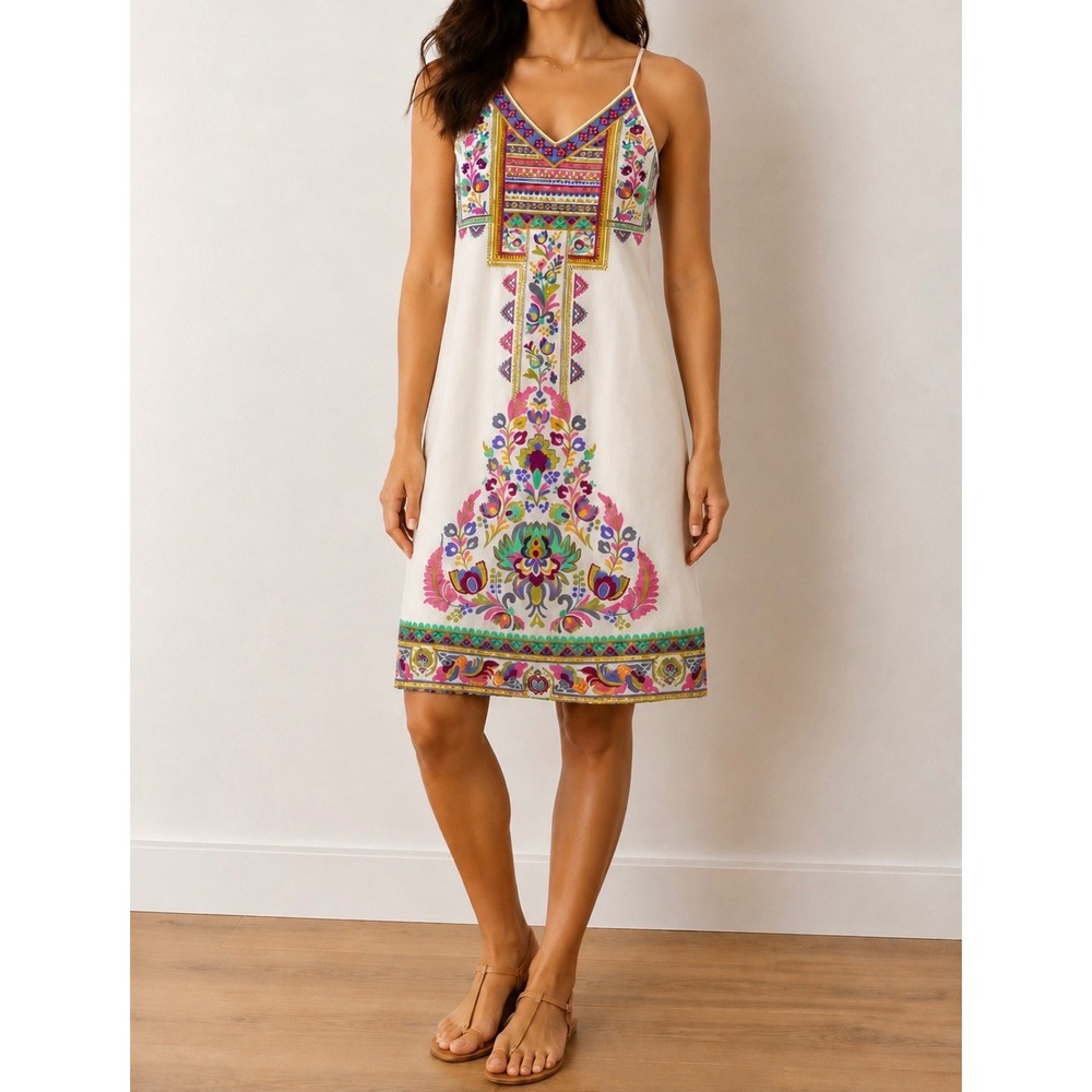 Flying Tomato Boho Floral Print Rayon Shift Dress White Size S